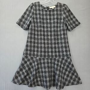Loft Black Gray Mini Dress Stretch Textured Knit Short Sleeves Ruffle Women's M